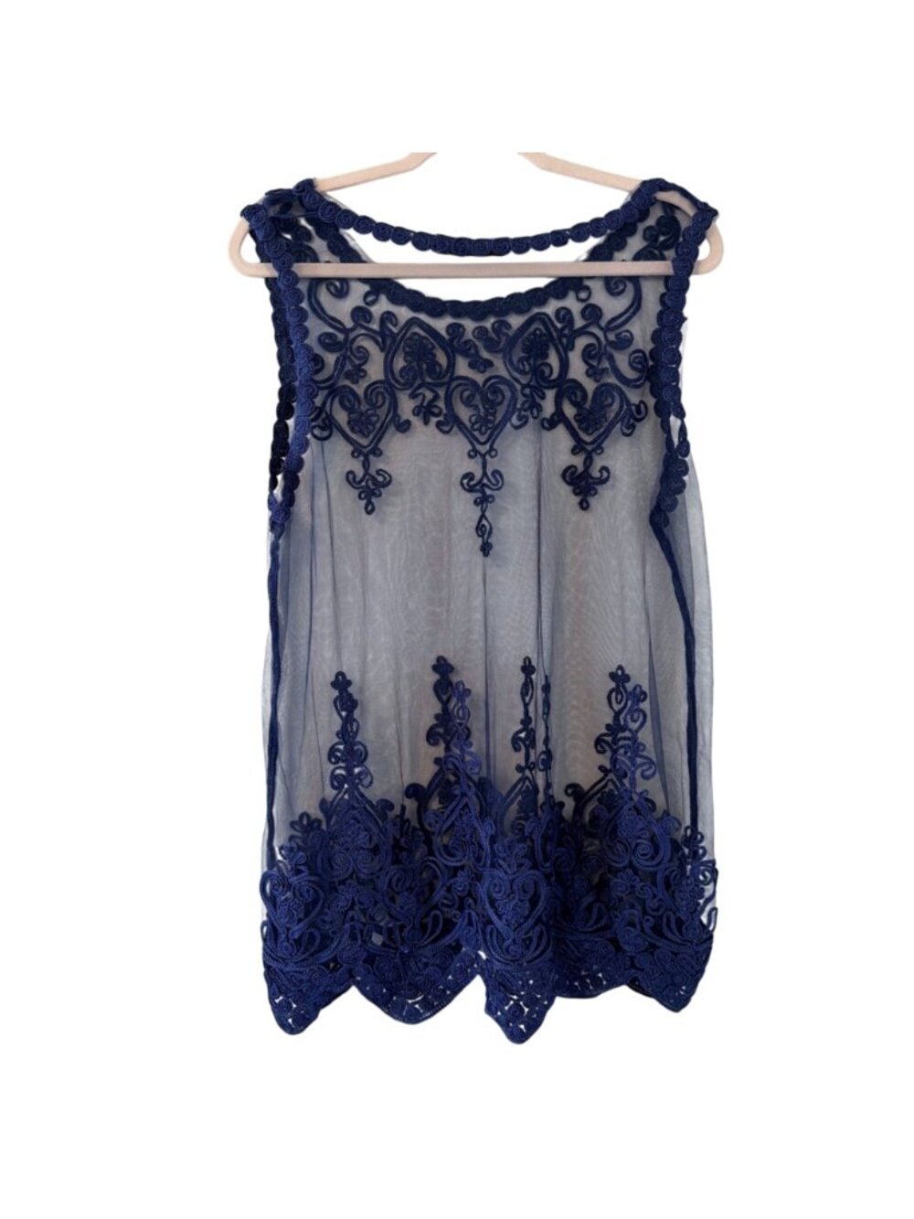 Jessica Taylor Blue Sheer Lace Embroidered Sleeveless Tunic Top Ones Sz Top - Picture 12 of 12
